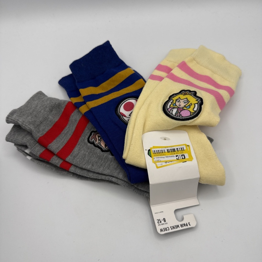 Super Mario Princess Peach, Toad & Donkey Kong 3pk Crew Socks Mens 8-12 NEW